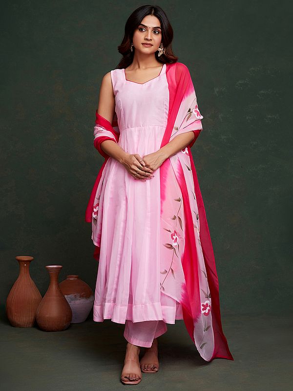 Classic-Rose Viscose Organza Solid Design Festive Wear Suit With Floral Matching Dupatta