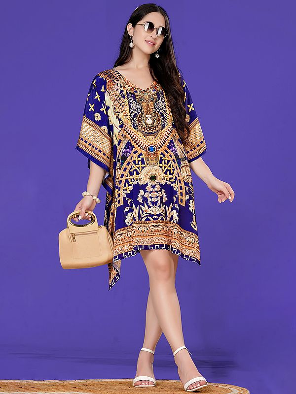 Patriot-Blue Printed V-Neck Short Kaftan with Stone work