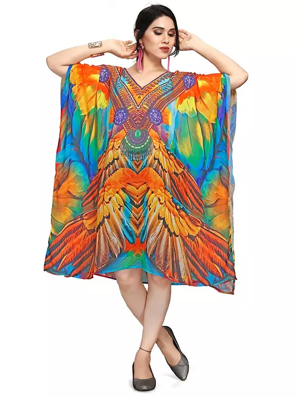 Multicolor Feather Printed Georgette Short Kaftan