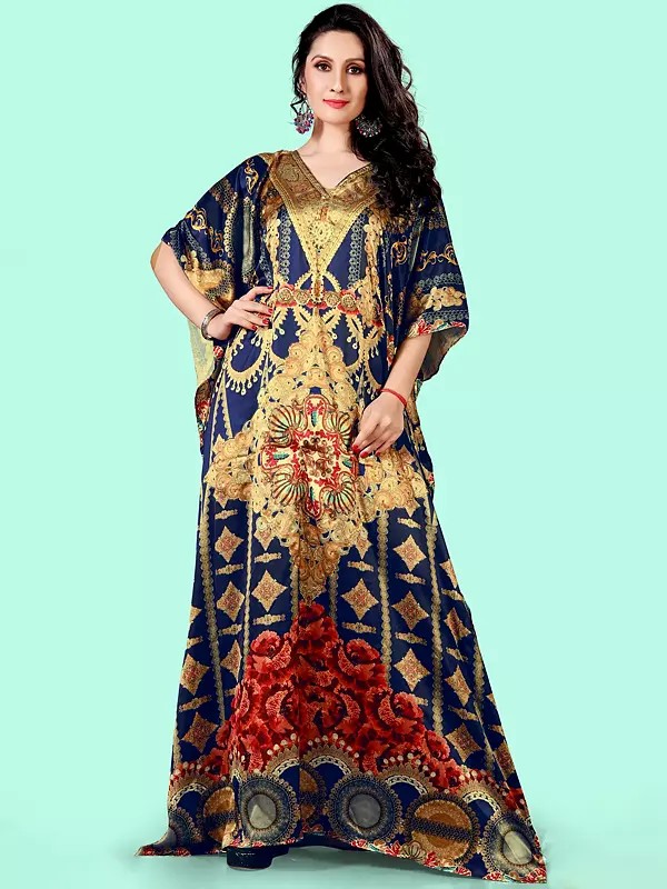 Skipper-Blue Printed Satin Long Kaftan with Studded Stones