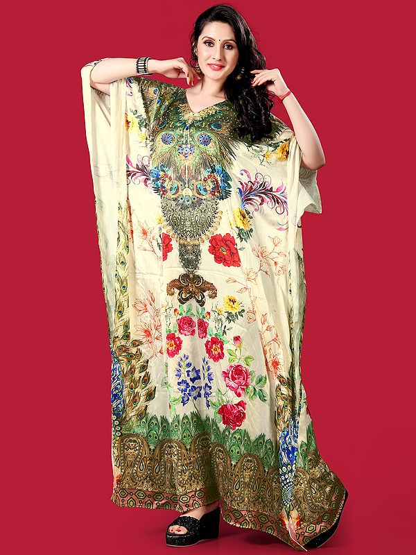 Cannoli-Cream Stone work Satin Long Kaftan with Printed Flowers and Peacock Feather