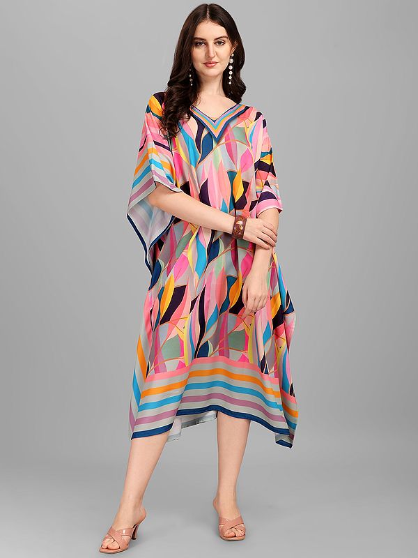 Tri-Color Rayon Kaftan with Printed Stripes and Leaves