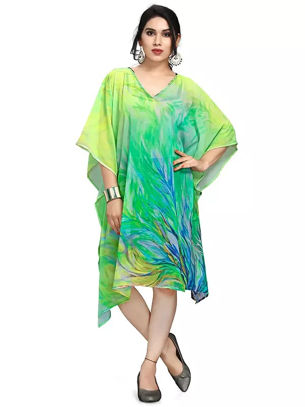 Sharp-Green Georgette Diaphanous Printed Short Kaftan