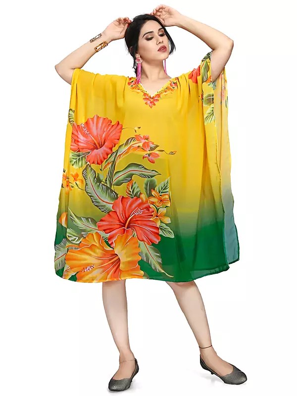 Yellow and Green Georgette Short Kaftan with Printed Hibiscus Flowers