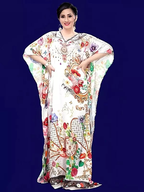 Arctic-Woll V-Neck Printed Long Kaftan with Studded Stones