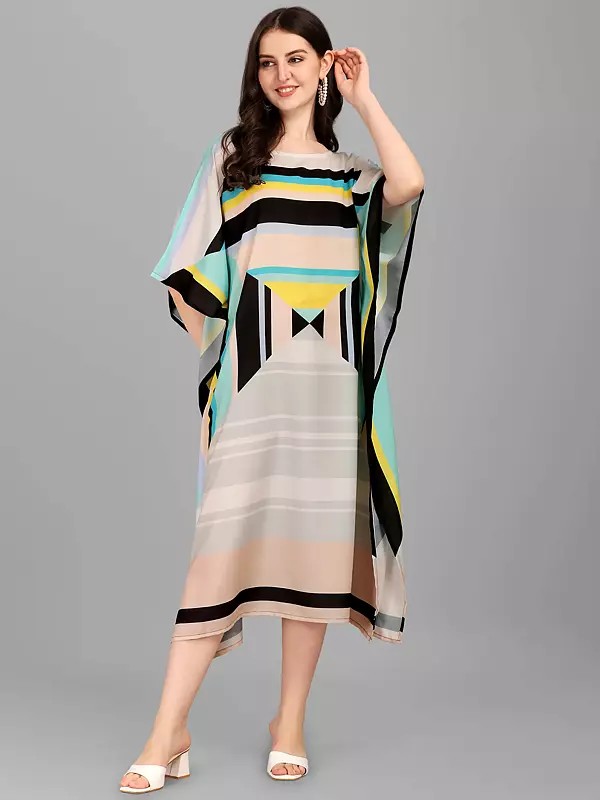 Multicolor Stripe Print Rayon Boat Neck Midi Kaftan