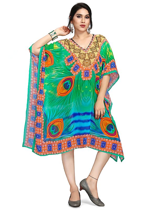 Mint-Green Georgette Short Kaftan with Printed Peacock Feather