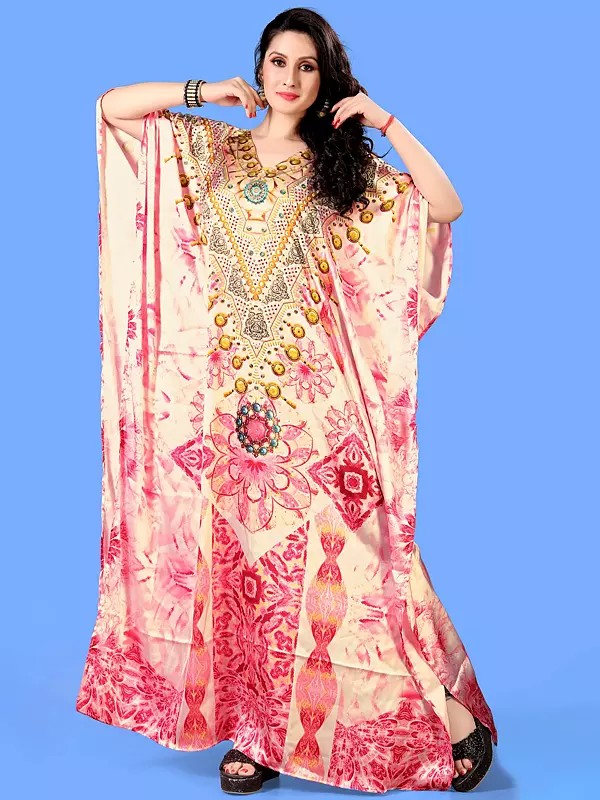 Parfait-Pink V-Neck Printed Long Kaftan with Stone work