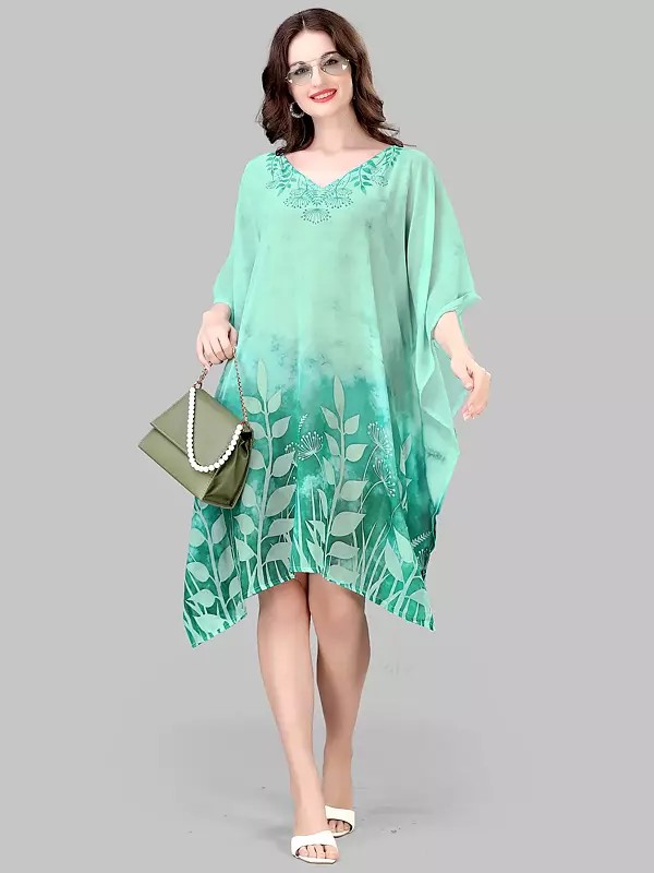 Mist-Green Leaf Printed Georgette Short Kaftan