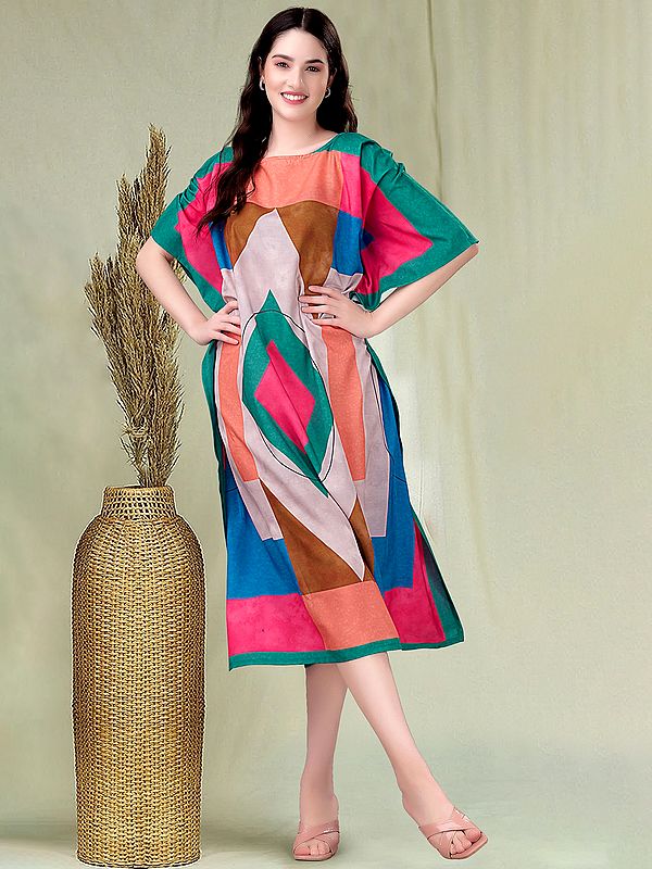 Multicolor Printed Rayon Boat Neck Midi Kaftan