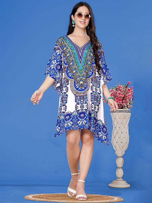 Lucent-White Stone work V-Neck Short Kaftan with Printed Motifs