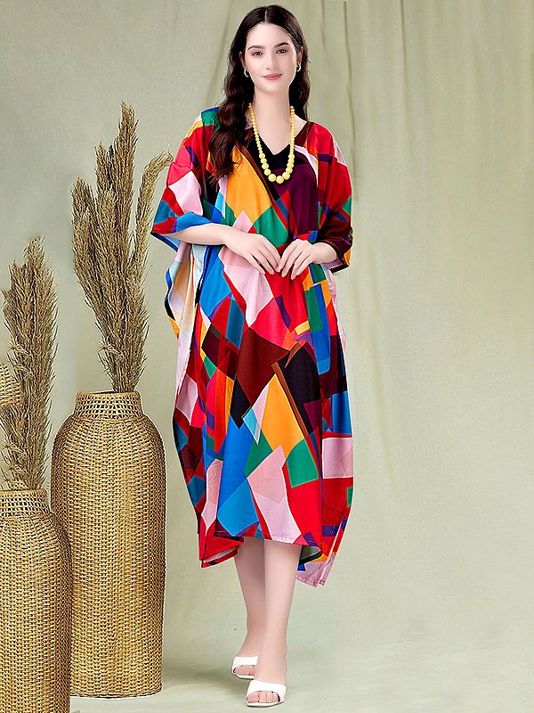 Multi-Color Geometric Pattern Print Rayon Midi Kaftan
