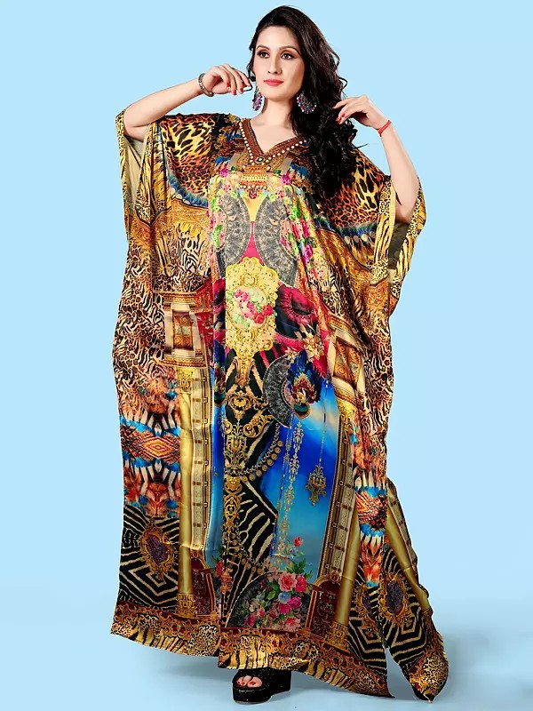 Satin Floor Length Stone work Kaftan with Printed Multicolor Motifs