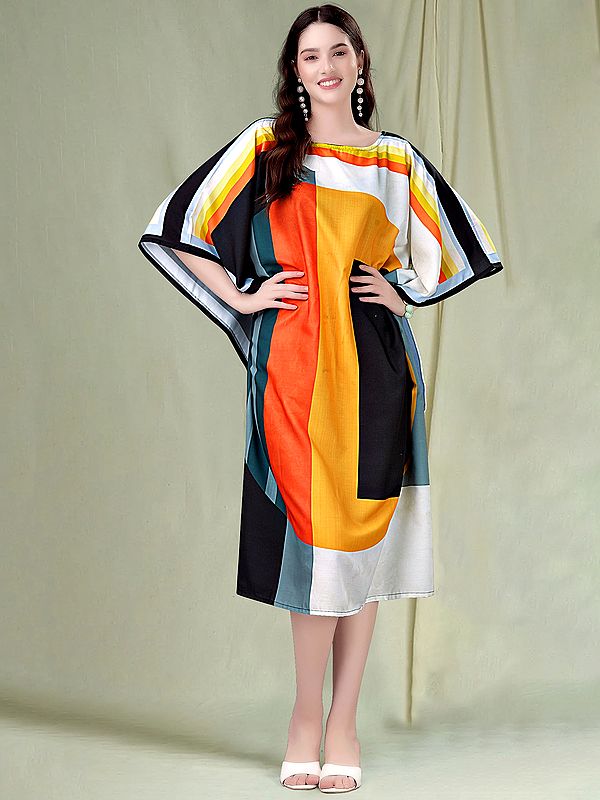 Vibrant Spectrum Boat Neck Satin Midi Kaftan