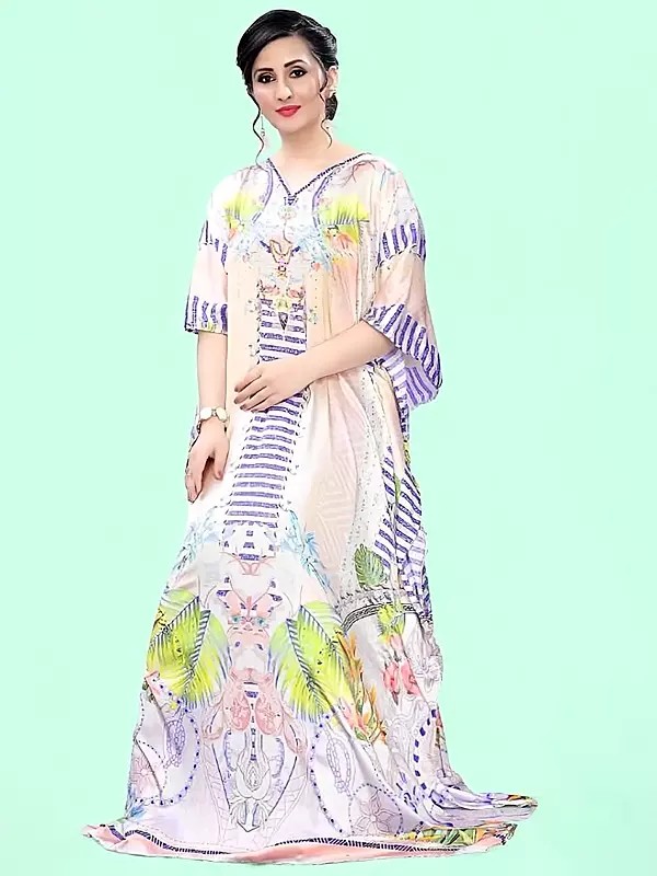 Solitary-Star Floral Printed Satin Long Kaftan with Studded Stones
