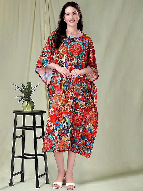 Flame-Scarlet Boat Neck Midi Kaftan with Printed Flowers