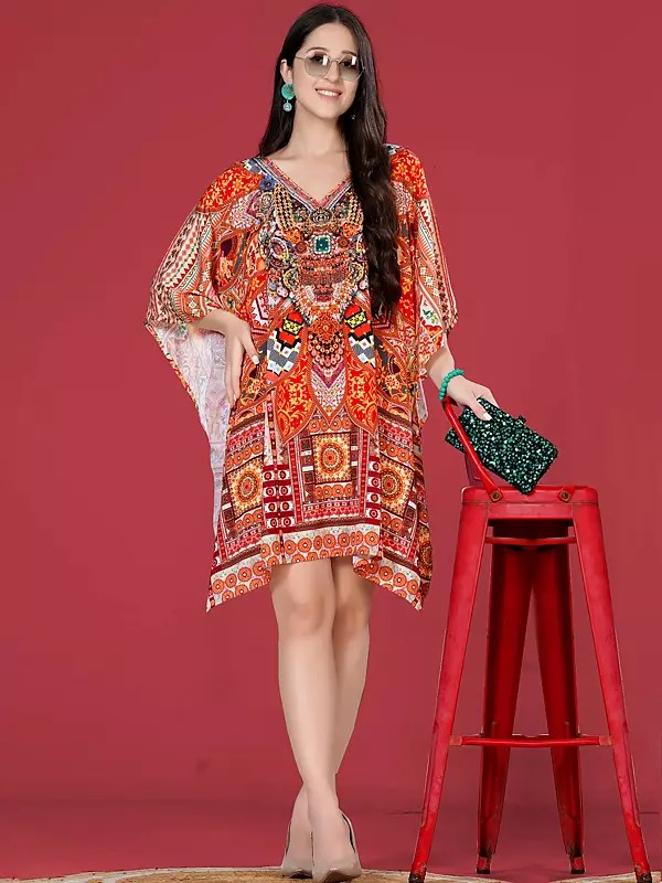 Printed Satin Short Kaftan with Stone work and Internal Drawstring
