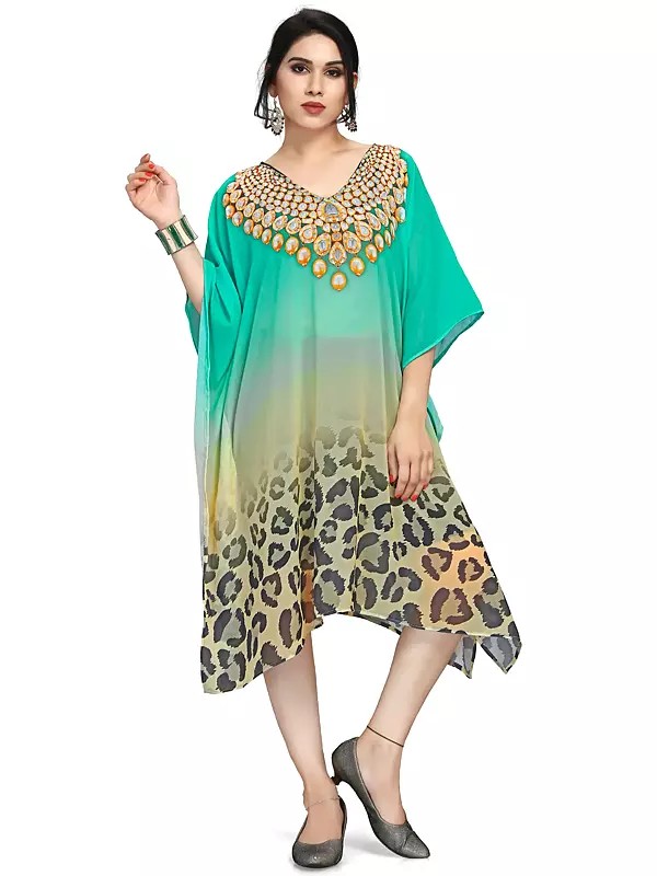 Electric-Green Lightweight Short Kaftan with Printed Leopard Pattern