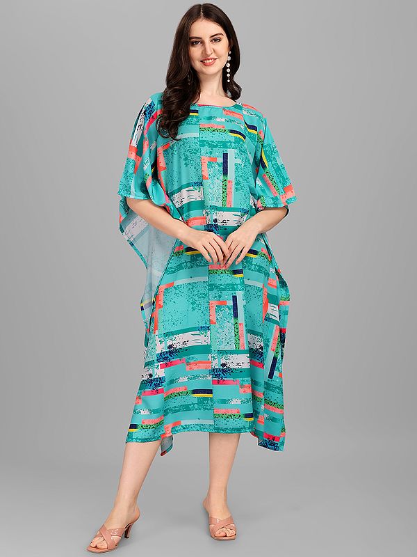 Aqua-Splash Rayon Printed Round Neck Midi Kaftan