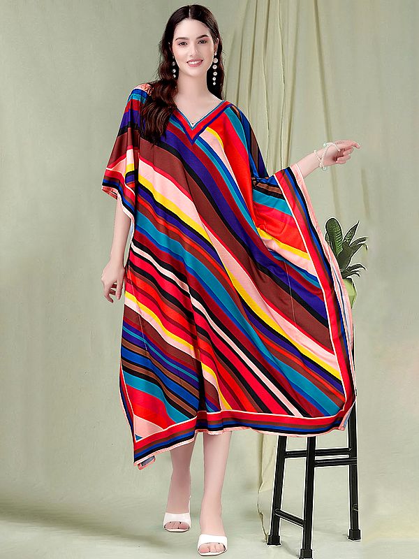 Rainbow Stripe Printed V-Neck Midi Kaftan