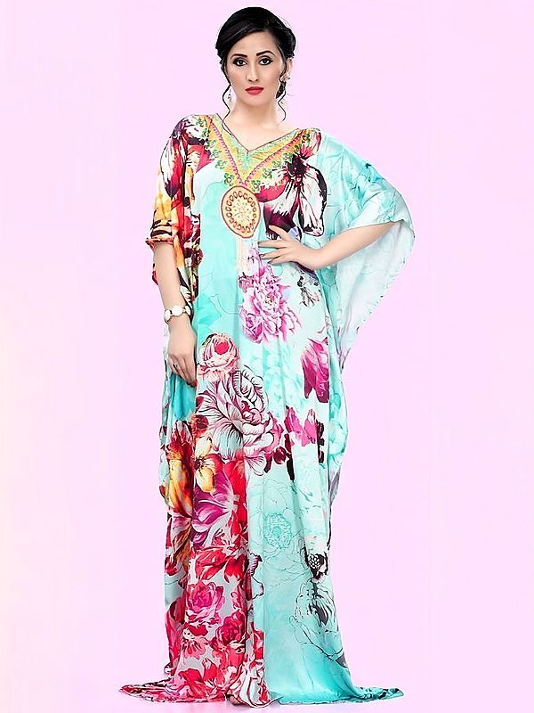 Blue-Glass Printed Bloom Flowers Long Kaftan with Stone work on Neck