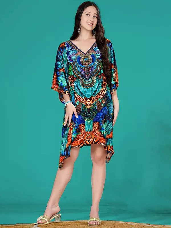Scuba-Blue Animal Print Short Kaftan with Stone work
