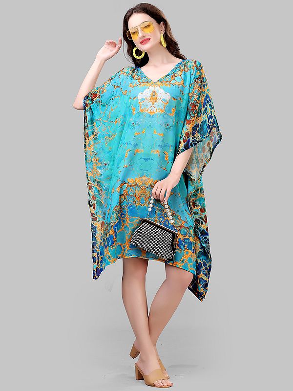 Blue-Turquoise Printed Georgette Short Kaftan