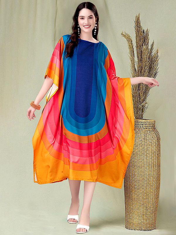 Rainbow Printed Rayon Round Neck Midi Kaftan