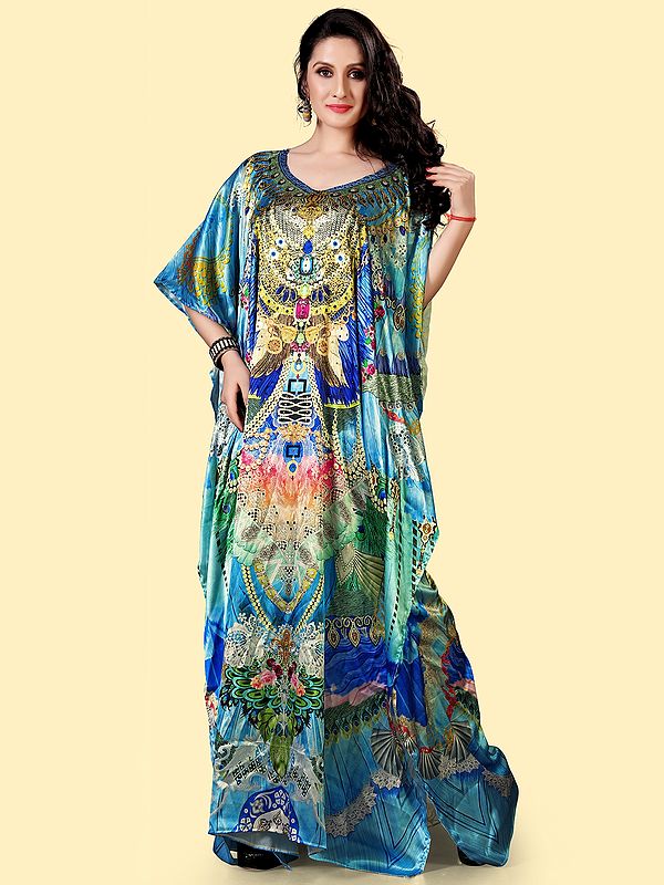 River-Blue Printed Satin Long Kaftan with Stone work V-Neck