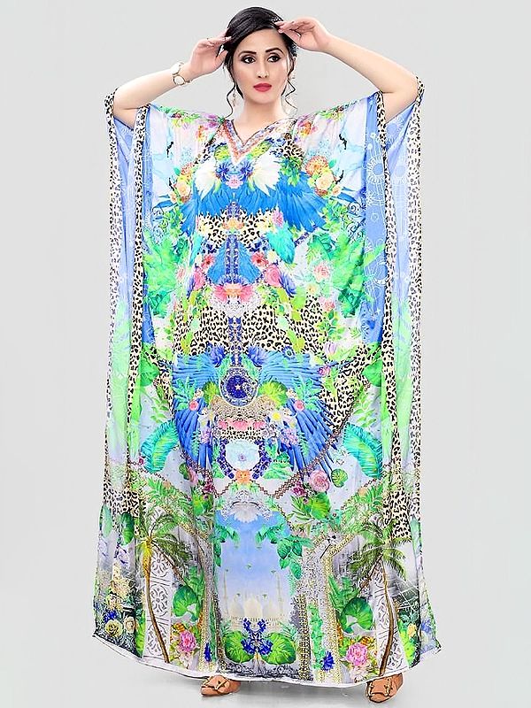 Vibrant-Green Floral Printed Long Kaftan with Stone work