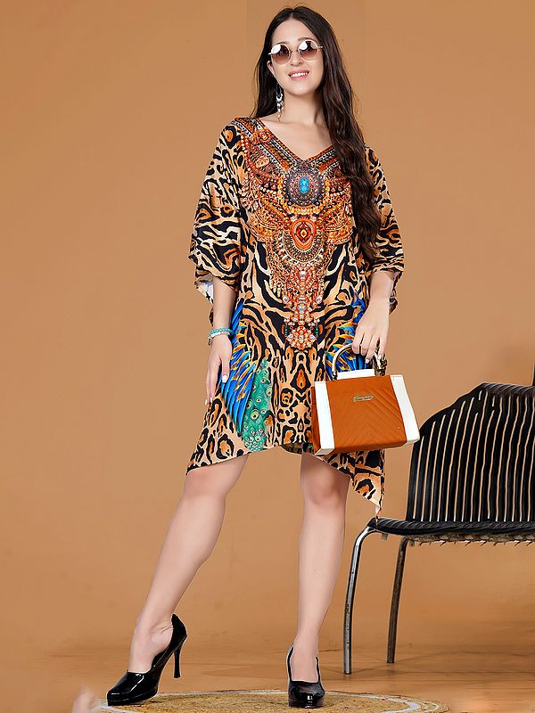 Shifting-Sand Stone work V-Neck Shorft Kaftan with Printed Animal Pattern