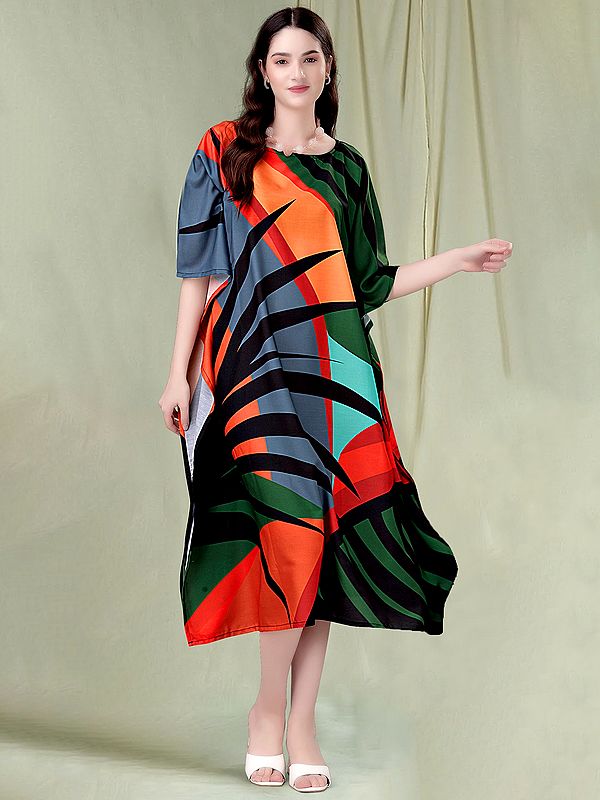 Multicolor Boat Neck Printed Midi Kaftan