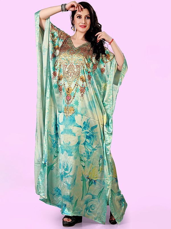 Beach-Grass Satin Stone work Long Kaftan with Printed Flowers