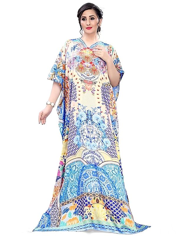 Bluing Stone work Long Kaftan with Floral Print