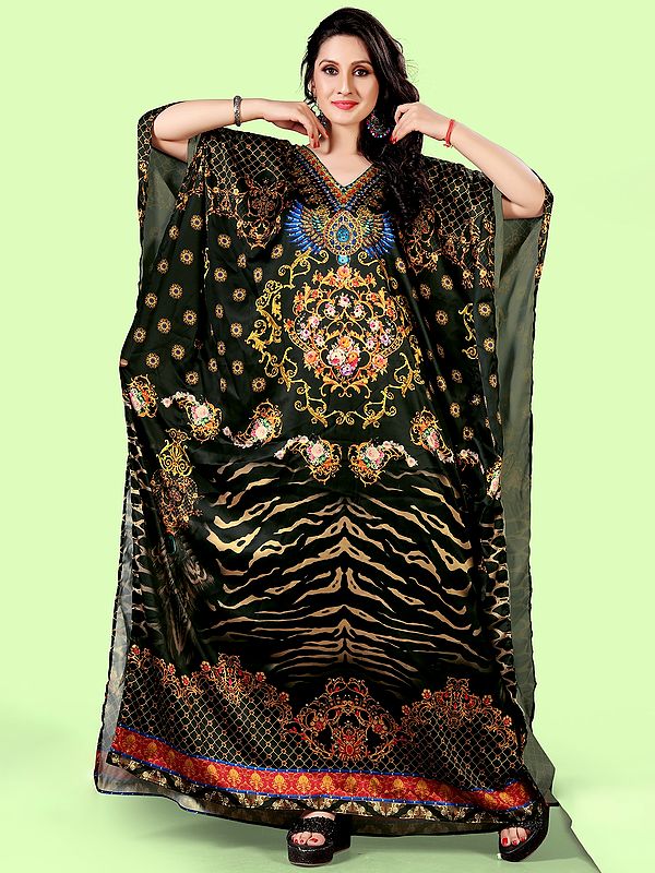 Green-Gables Stone work V-Neck Long Kaftan with Print Motifs