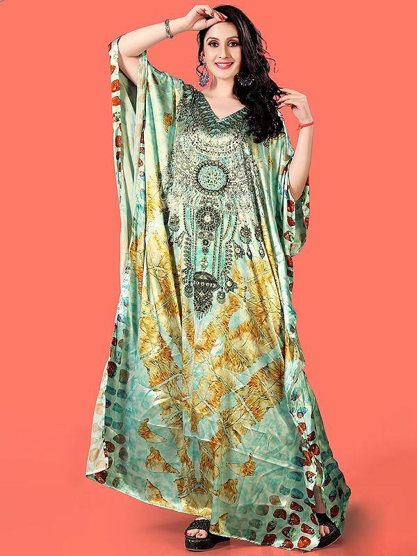 Ice-Castle Printed Long Kaftan with Stone work