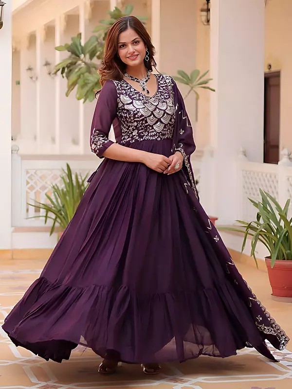 Heavy Sequins And Embroidery Work Designer Party Wear Georgette Gown With Dupatta