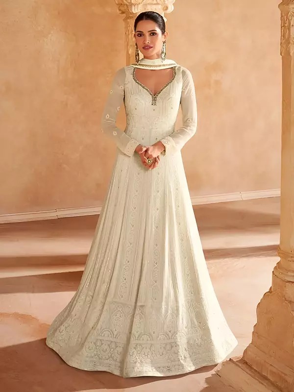 Beautiful Design Georgette Embroidery And Sequins Work Party Wear Gown With Matching Dupatta