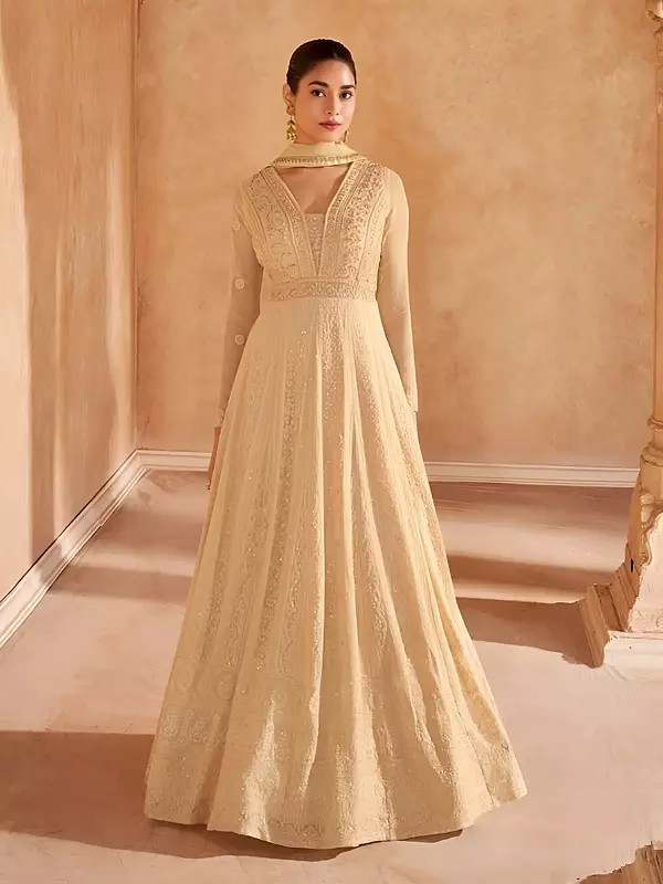 Heavy Embroidery And Sequins Work Georgette Wedding Wear Gown With Matching Dupatta