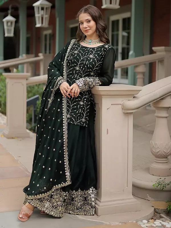 Rangoli Silk Heavy Sequins & Thread Embroidery Work Kurti Palazzo Set With Matching Dupatta