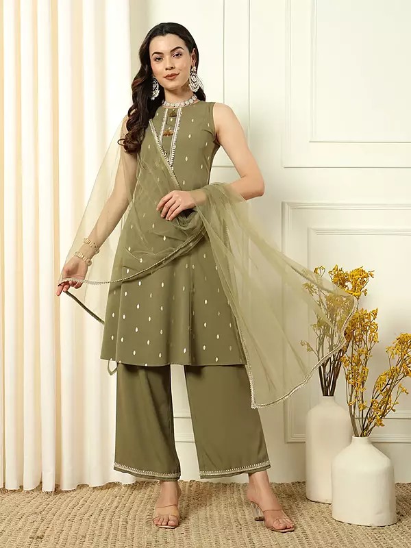 Clay-Creek Crepe Sequins Work Designer Festive Wear Kurti With Palazzo And Matching Dupatta