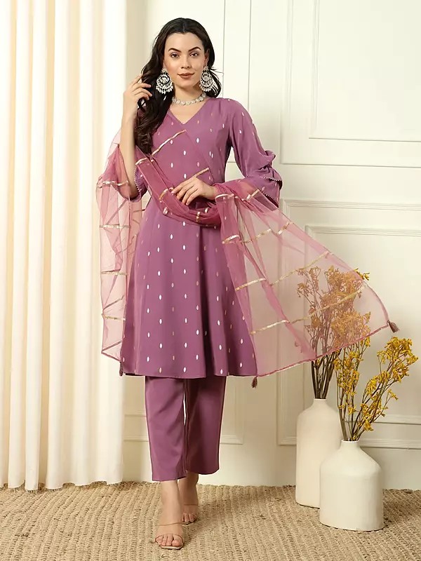 Opera-Mauve Crepe Sequins Work Flared Designer Party Wear Kurti And Bottom With Tassels Matching Dupatta