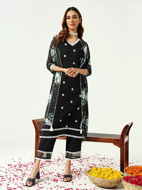 Black Embroidery Work Designer Straight Cotton Kurta And Bottom Floral Tassels Dupatta
