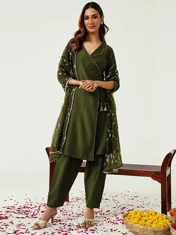 Army-Green Silk Blend Sequins Work Designer Kurti And Bottom With Dupatta For Festive Occasion