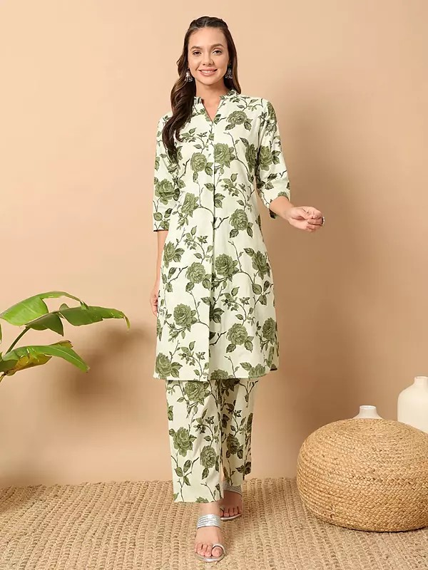 White-Rock Cotton Floral Print All Over Kurti With Pant Co-Ord Set For Casual Occasion