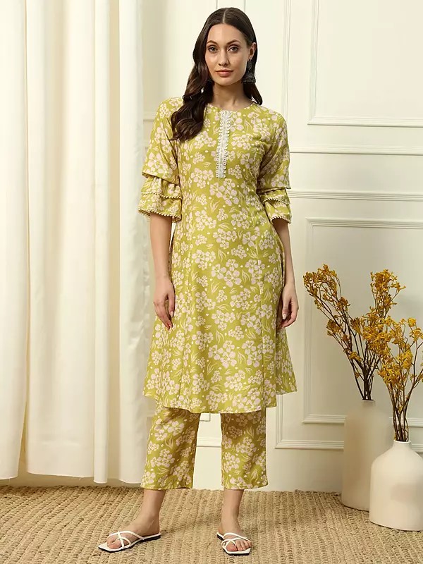 Ginger-Brown Floral Print All Over Designer Cotton Kurti With Pant Co-Ord Set For Casual Occasion