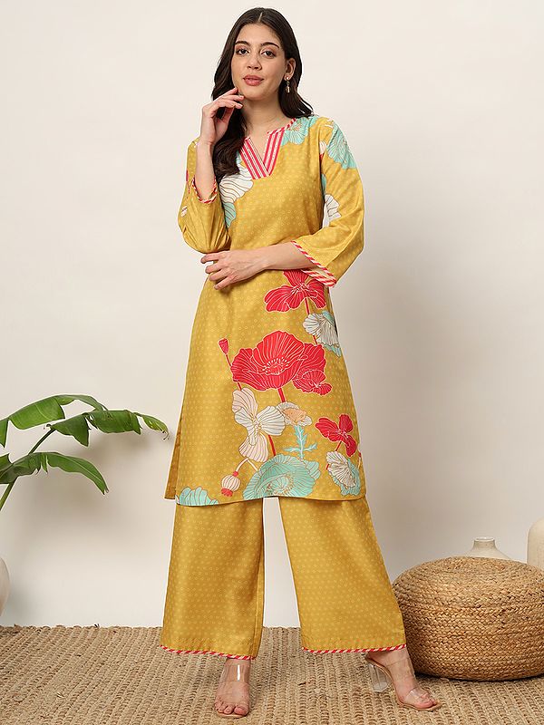 Attractive Big Flower Motifs Printed V-Neck Cotton Kurti With Pant Co-Ord Set