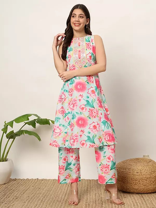 Multicolor Sequins Work Beautiful Design Floral Print Festive Cotton Kurti With Pant Co-Ord Set