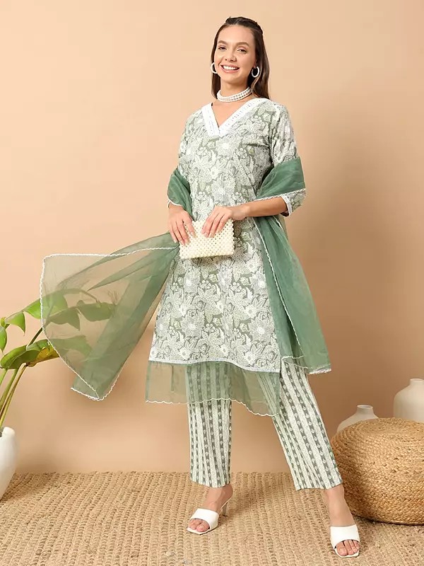 Greenish-Grey Lace Work All Over Floral Print V-Neck Cotton Kurti With Bottom For Festive Occasion