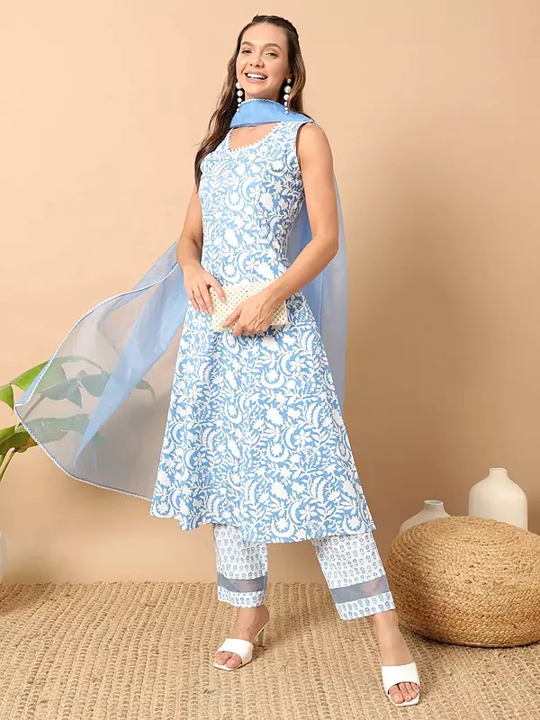 Pale-Cerulean Fancy Designer Lace Work Printed Cotton Kurta With Pant And Dupatta For Festive Occasion